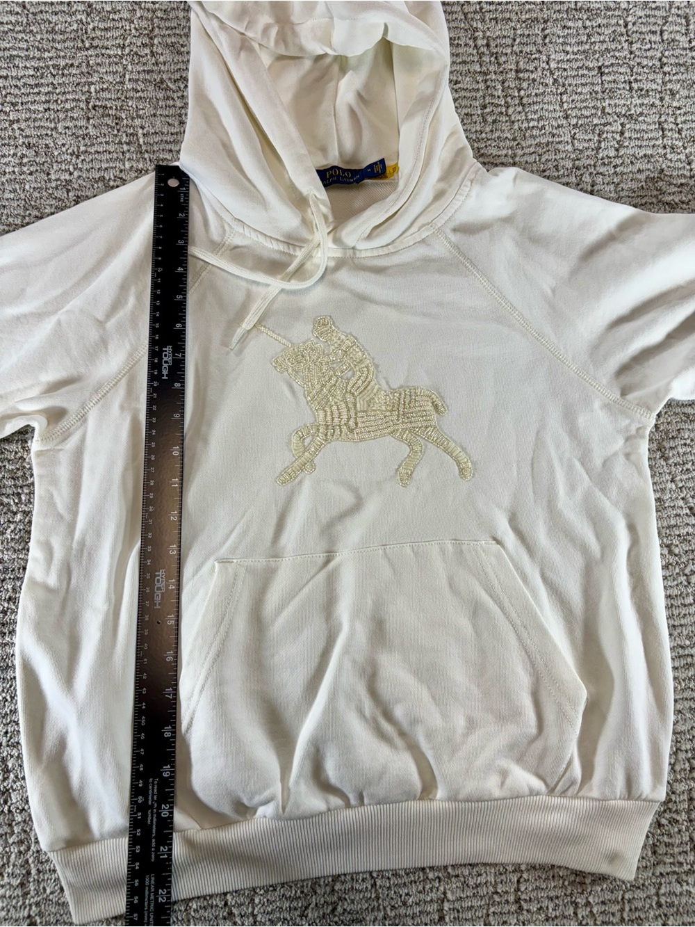 NEW Polo Ralph Lauren Women’s Medium White Hoodie Cream Beaded Pony Graphic - Picture 9 of 15